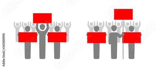 Mass protests - group of people with banners and placards put forward their demands - vector icon in two variations