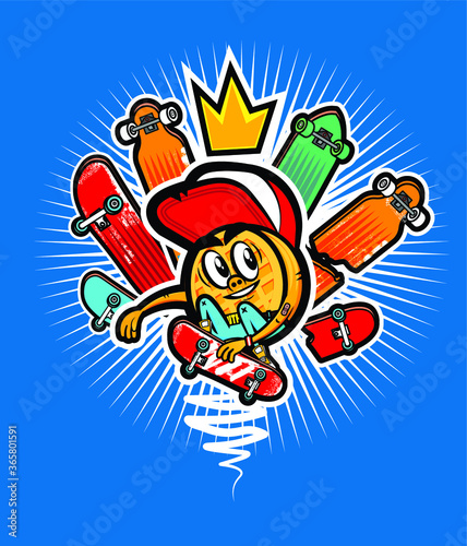 Illustration of a cartoon waffle doing a trick on a skateboard