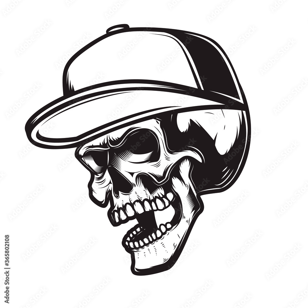 Illustration of skull in baseball cap in engraving style. Design element for logo, emblem, sign, poster, card, banner. Vector illustration