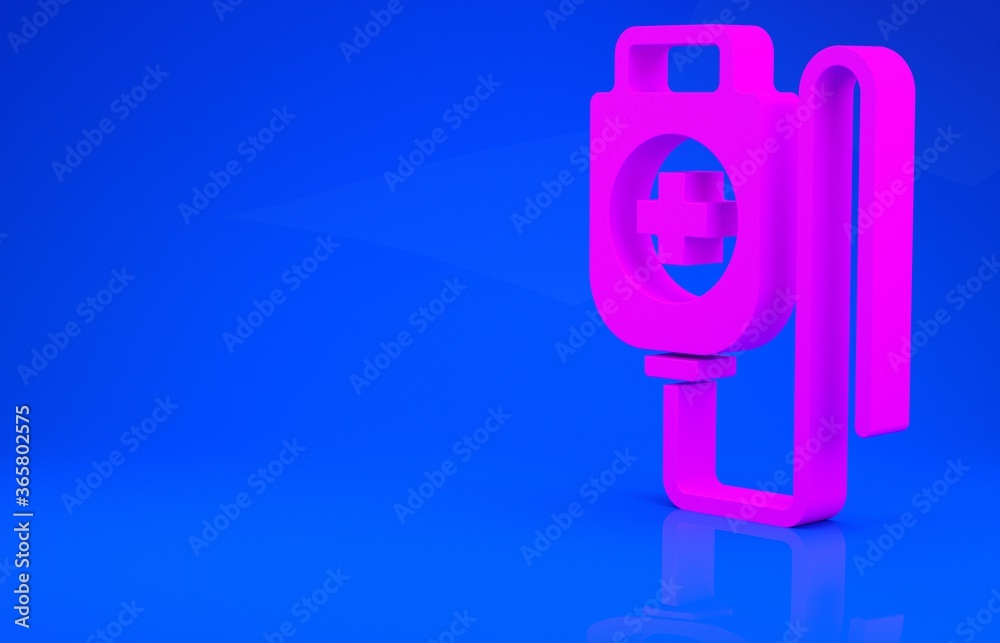 Pink IV bag icon isolated on blue background. Blood bag. Donate blood concept. The concept of treatment and therapy, chemotherapy. Minimalism concept. 3d illustration. 3D render. Pink IV bag icon isolated on blue background. Blood bag. Donate blood concept. The concept of treatment and therapy, chemotherapy. Minimalism concept. 3d illustration. 3D render.