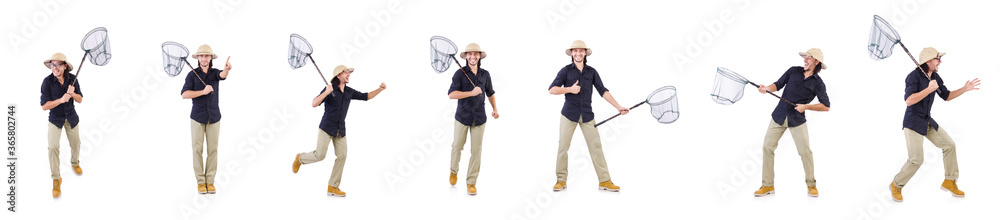 Funny guy with catching net on white