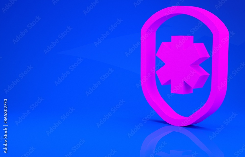 Pink Medical shield with cross icon isolated on blue background. Protection, safety, password security. Minimalism concept. 3d illustration. 3D render. Pink Medical shield with cross icon isolated on blue background. Protection, safety, password security. Minimalism concept. 3d illustration. 3D render.