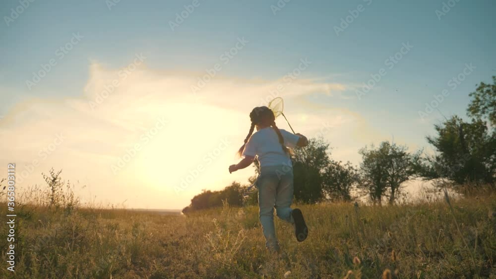 A happy, carefree child runs through a green field, enjoys nature, fresh air. A girl at sunset on a summer day holding a net, a child's toy for catching insects. A happy, carefree child runs through a green field, enjoys nature, fresh air. A girl at sunset on a summer day holding a net, a child's toy for catching insects.
