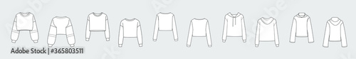 Female hoodie, sweatshirt, pullover. Vector template set isolated on a grey background. Front and back view. Outline fashion technical sketch of clothes model.