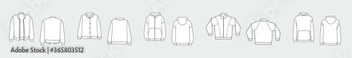 Female hoodie, sweatshirt, pullover. Vector template set isolated on a grey background. Front and back view. Outline fashion technical sketch of clothes model.