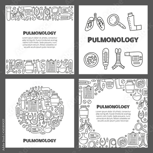 Set of cards with lettering and doodle outline pulmonology items, including lungs, trachea, spirometer, loupe, bacteria, pulse oximeter, pick flow meter, pocket inhaler isolated on white background.