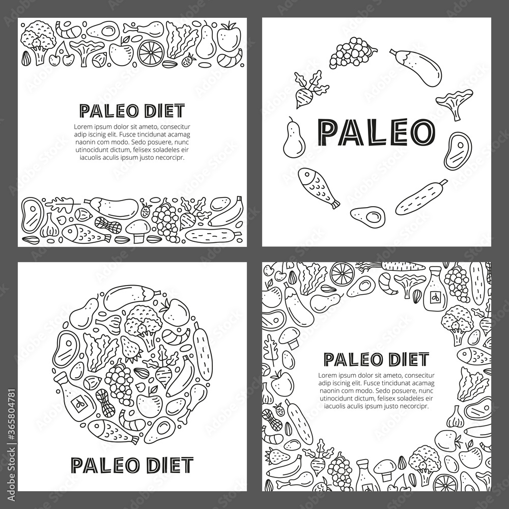 Set of cards with lettering and doodle outline paleo foods including fish, meat, vegetables, eggs, oil, nuts, berries and text isolated on grey background.
