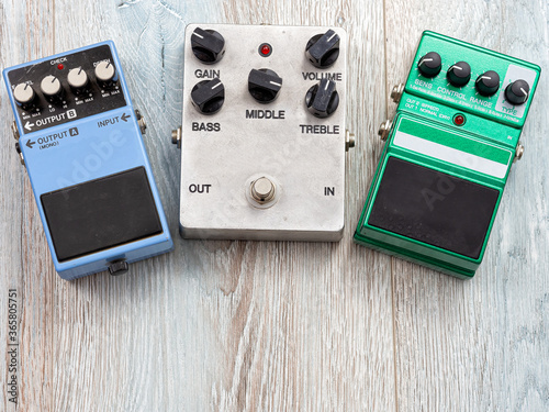 bass and guitar pedals on stage