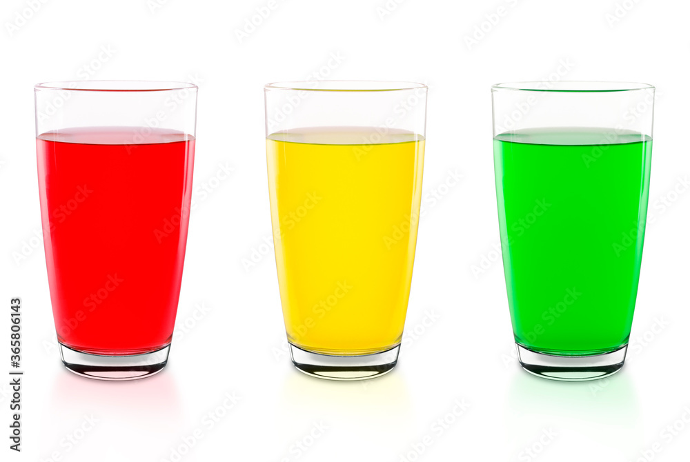 Glass with red, yellow and green water isolated on white background with clipping path Glass with red, yellow and green water isolated on white background with clipping path