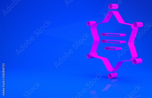 Pink Hexagram sheriff icon isolated on blue background. Police badge icon. Minimalism concept. 3d illustration. 3D render.