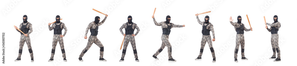 Soldier with baseball bat isolated on white Soldier with baseball bat isolated on white