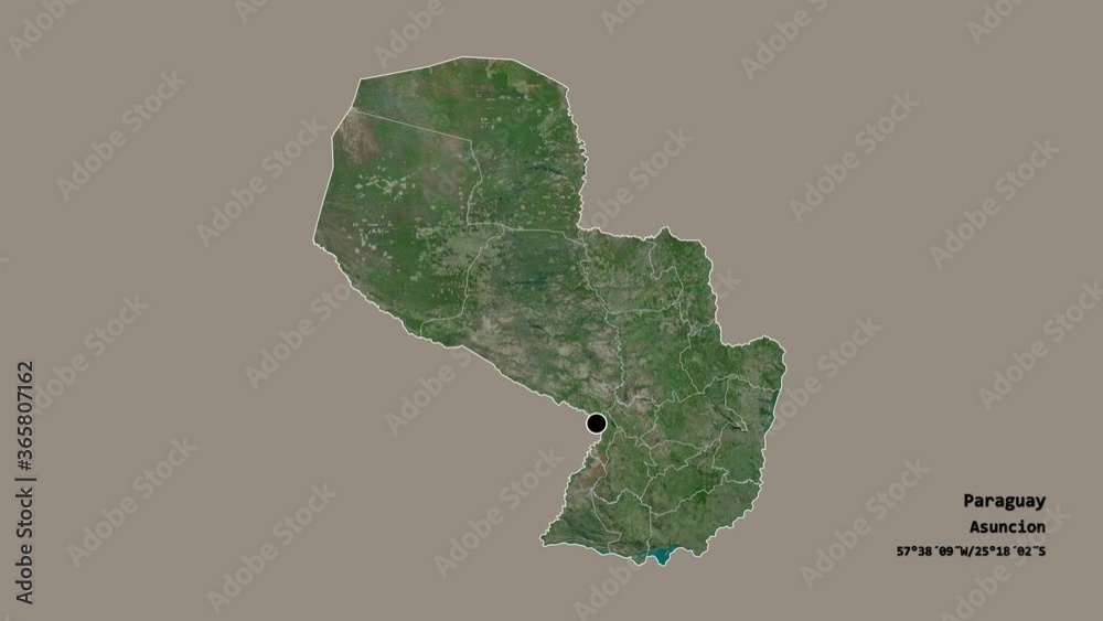 Ñeembucú, department of Paraguay, with its capital, localized, outlined and zoomed with informative overlays on a satellite map in the Stereographic projection. Animation 3D Ñeembucú, department of Paraguay, with its capital, localized, outlined and zoomed with informative overlays on a satellite map in the Stereographic projection. Animation 3D