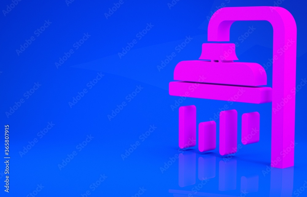 Pink Shower head with water drops flowing icon isolated on blue background. Minimalism concept. 3d illustration. 3D render. Pink Shower head with water drops flowing icon isolated on blue background. Minimalism concept. 3d illustration. 3D render.