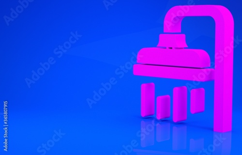 Pink Shower head with water drops flowing icon isolated on blue background. Minimalism concept. 3d illustration. 3D render.