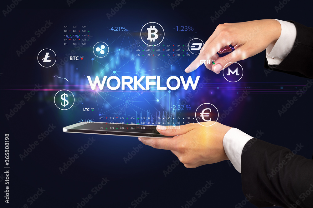Obraz premium Close-up of a touchscreen with WORKFLOW inscription, business opportunity concept