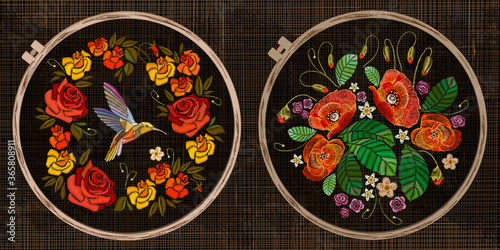 Embroidery collection. Humming bird and flowers. Template tambour frame with a canvas, elements from stitches. Art for clothes
