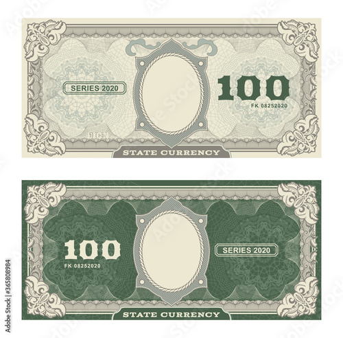 Vector money banknotes. Fake money illustration with floral border. Classical vintage style. Back sides of money bills. Empty oval for portrait