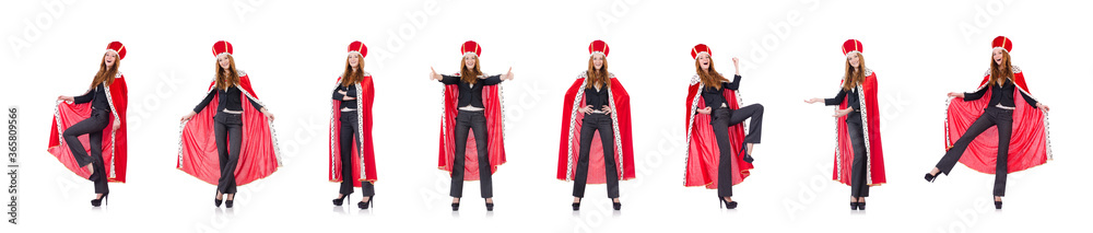 Woman business posing as queen isolated on white