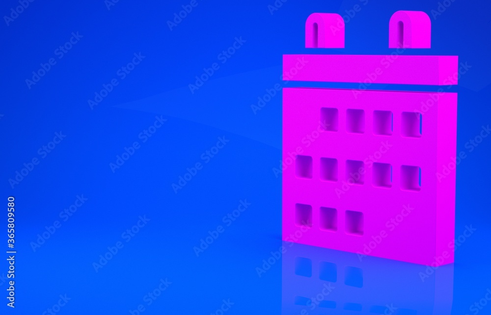 Pink Calendar icon isolated on blue background. Event reminder symbol. Minimalism concept. 3d illustration. 3D render. Pink Calendar icon isolated on blue background. Event reminder symbol. Minimalism concept. 3d illustration. 3D render.