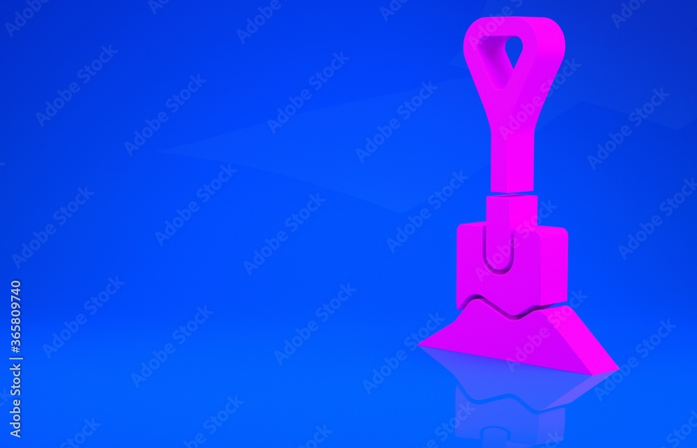 Pink Shovel in the ground icon isolated on blue background. Gardening tool. Tool for horticulture, agriculture, farming. Minimalism concept. 3d illustration. 3D render. Pink Shovel in the ground icon isolated on blue background. Gardening tool. Tool for horticulture, agriculture, farming. Minimalism concept. 3d illustration. 3D render.