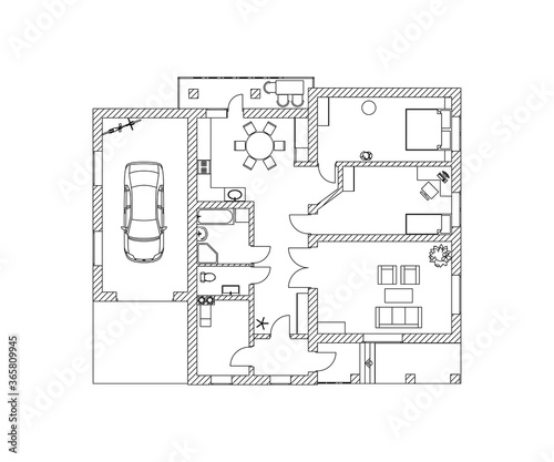 Suburban house design. Black and White floor plan of a modern apartment. Detailed architectural vector blueprint. 