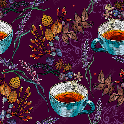 Embroidery cup of tea, lavender flowers and autumn leaves. Seamless pattern. Fall garden template of clothes, tapestry, t-shirt design