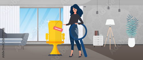 Girl shows on a vacant place. Gold cup in the shape of an office chair. The concept of open work. Suitable for registration on the topic of job search and workers. Vector.
