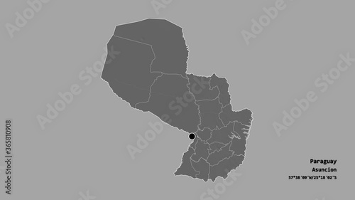 Amambay, department of Paraguay, with its capital, localized, outlined and zoomed with informative overlays on a bilevel map in the Stereographic projection. Animation 3D photo