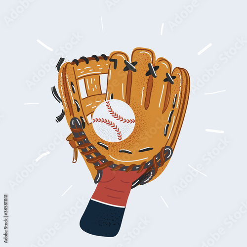 Vector illustration of human hand in Baseball glove and ball isolated on white background.