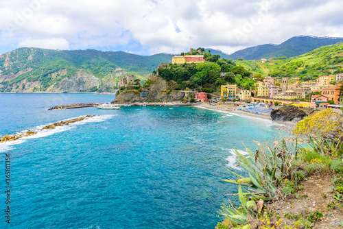 Fegina beach at Monterosso - Village of Cinque Terre National Park at Coast of Italy. Province of La Spezia, Liguria, in the north of Italy - Travel destination for hiking and attraction in Europe.