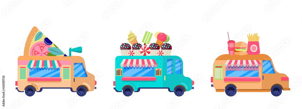 A set of street food trucks isolated on a white background. Fast food delivery. Flat design vector. A collection of Cartoon fast food cars with an artboard on the roof. Street food festival. A set of street food trucks isolated on a white background. Fast food delivery. Flat design vector. A collection of Cartoon fast food cars with an artboard on the roof. Street food festival.