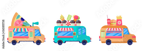 A set of street food trucks isolated on a white background. Fast food delivery.  Flat design vector. A collection of Cartoon fast food cars with an artboard on the roof. Street food festival.