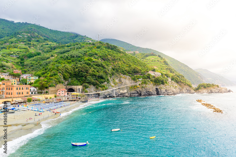 Fegina beach at Monterosso - Village of Cinque Terre National Park at Coast of Italy. Province of La Spezia, Liguria, in the north of Italy - Travel destination for hiking and attraction in Europe.