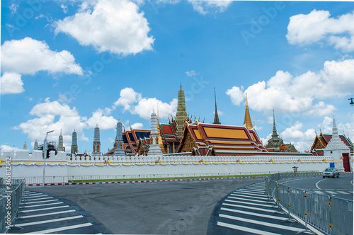 The Grand Palace and Wat Phra Kaew A view from the outside on a clear day in Bangkok, Thailand