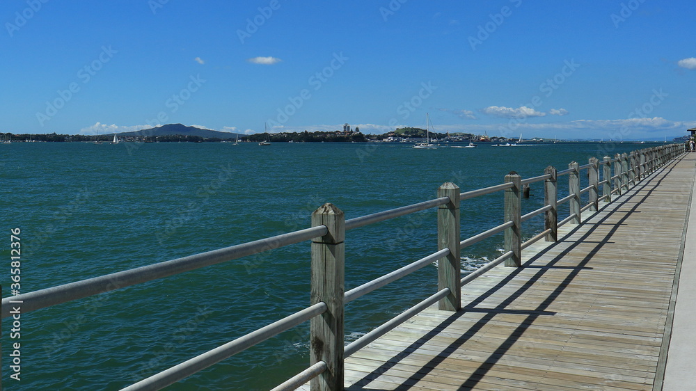 View from Westhaven Marina boardwalk, across Waitemata Harbour, to Devonport and Rangitoto Island, Auckland, NZ