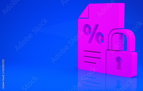 Pink Finance document and lock icon isolated on blue background. Paper bank document for invoice or bill concept. Minimalism concept. 3d illustration. 3D render.