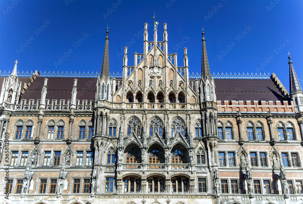 New Town Hall frontal view in Munich, Germany.