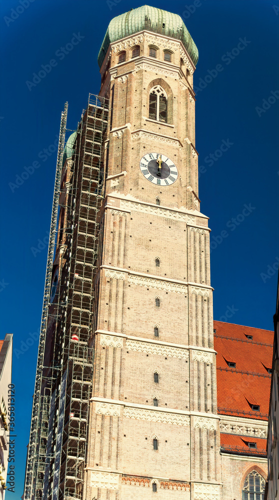 Scaffold on  the south tower of Frauenkirche under renovation in Munich, Germany. 