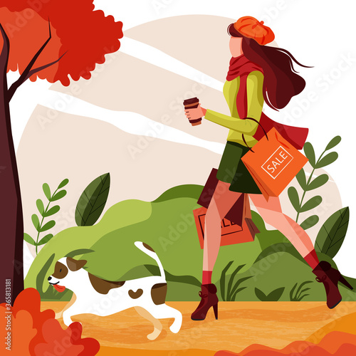 Girl walks with dog in park with shopping bags in autumn woods. Concept pretty and fashionable woman carry shop sale bags and holding coffee cup. Autumn outdoor. Early warm fall season