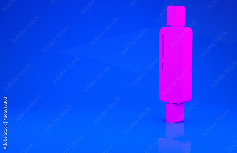Pink Rolling pin icon isolated on blue background. Minimalism concept. 3d illustration. 3D render. Pink Rolling pin icon isolated on blue background. Minimalism concept. 3d illustration. 3D render.