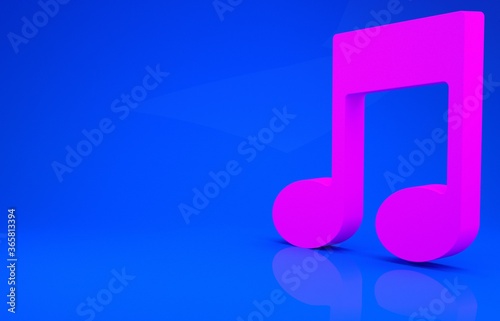 Pink Music note, tone icon isolated on blue background. Minimalism concept. 3d illustration. 3D render.