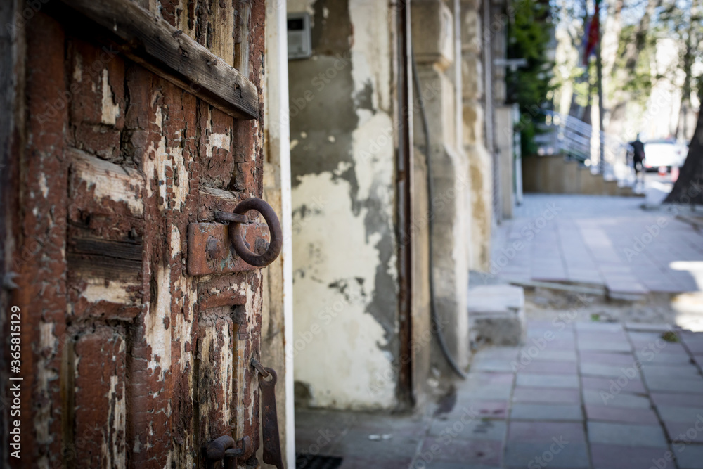 Vintage door in selective focus. Outdoor shot. Baku.