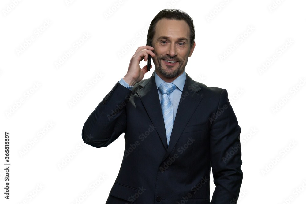 Successful businessman is talking on the phone. Happy male in a jucket isolated on white background. Successful businessman is talking on the phone. Happy male in a jucket isolated on white background.