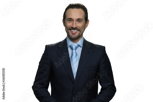 Portrait of cheerful businessman. Happy middle-aged man in suit isolated on white background.