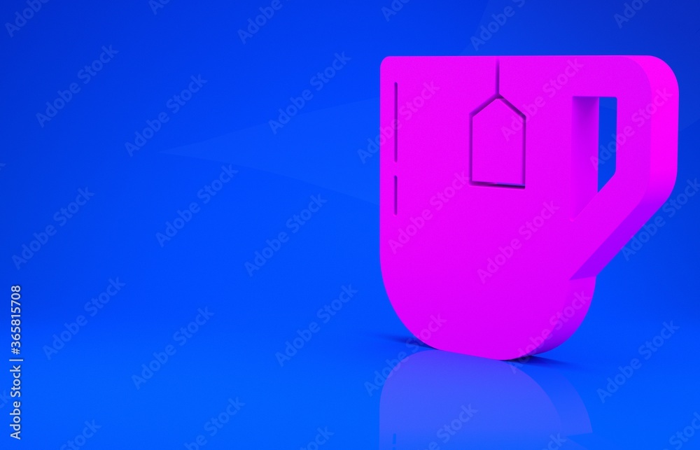 Pink Cup of tea with tea bag icon isolated on blue background. Minimalism concept. 3d illustration. 3D render. Pink Cup of tea with tea bag icon isolated on blue background. Minimalism concept. 3d illustration. 3D render.