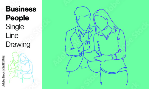 Corporate modern business people team meeting standing with tablet in one single line stroke illustration drawing isolated with whiteboard doodle style with modern color palette