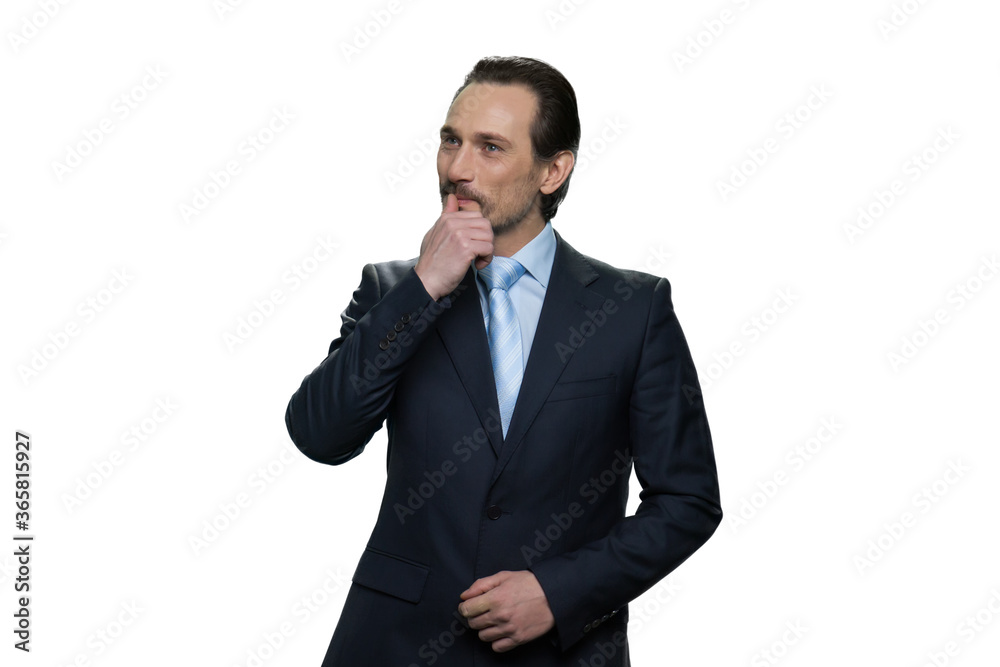 Confident boss is thinking. Portrait of mature smart businessman isolated on white background. Confident boss is thinking. Portrait of mature smart businessman isolated on white background.