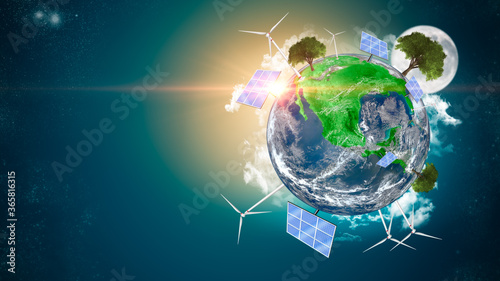 Fototapeta Naklejka Na Ścianę i Meble -  Green planet. Renewable energy and efficency concept. Environmental biodiversity. Render 3D. Some Elements Of This Image Provided By NASA
