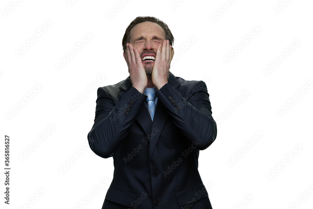 Wailing office employee in suit. Middle-aged manager is crying. Mature crying man isolated on white background. Wailing office employee in suit. Middle-aged manager is crying. Mature crying man isolated on white background.