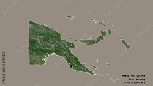 Enga, province of Papua New Guinea, with its capital, localized, outlined and zoomed with informative overlays on a satellite map in the Stereographic projection. Animation 3D photo